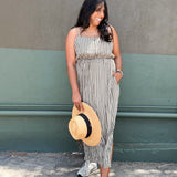 PALOMA- Olive & Ivory Stripe button front spaghetti strap Midi Dress -spaghetti straps, pockets and side slits (Copy)