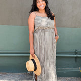 PALOMA- Olive & Ivory Stripe button front spaghetti strap Midi Dress -spaghetti straps, pockets and side slits (Copy)