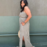 PALOMA- Olive & Ivory Stripe button front spaghetti strap Midi Dress -spaghetti straps, pockets and side slits (Copy)