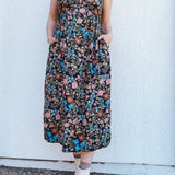 BO Tie bust Midi Dress in Multi Garden Floral - spaghetti straps, pockets and side slits