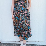 BO Tie bust Midi Dress in Multi Garden Floral - spaghetti straps, pockets and side slits