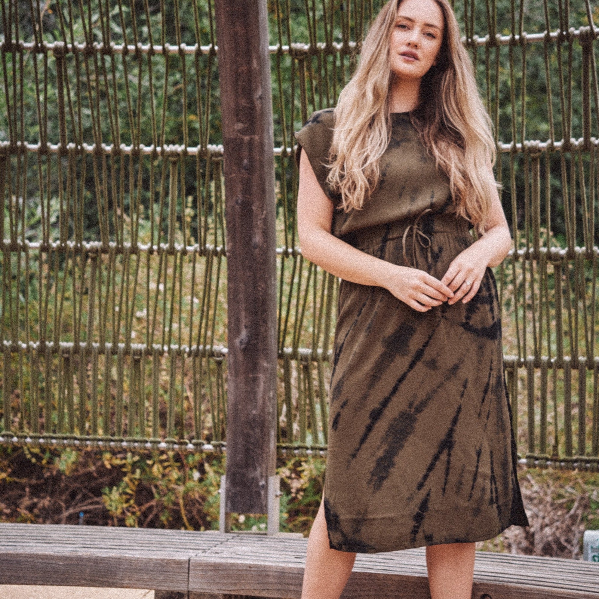 TAYLOR Drawstring Midi Dress in Olive Tie Dye (Woven) Estella Moon TAYLOR Drawstring Midi Dress in Olive Tie Dye (Woven) Estella Moon
