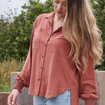 Effortless fashion for busy moms: make a statement with the trendy ARIA button-up top.