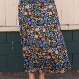 DAWN- floral multi elastic channel midi skirt with slit and pockets