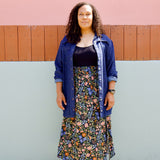 DAWN- floral multi elastic channel midi skirt with slit and pockets