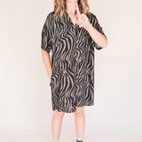 AVERY-olive ZEBRA print Short Sleeve Button-Up Mini Shirt Dress – Collared with Pockets (Wear Two Ways)