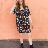 AVERY-Short Sleeve Button-Up Mini Shirt Dress Mystic Eye Print– Collared, Back Pleat & Pockets (Wear Two Ways)