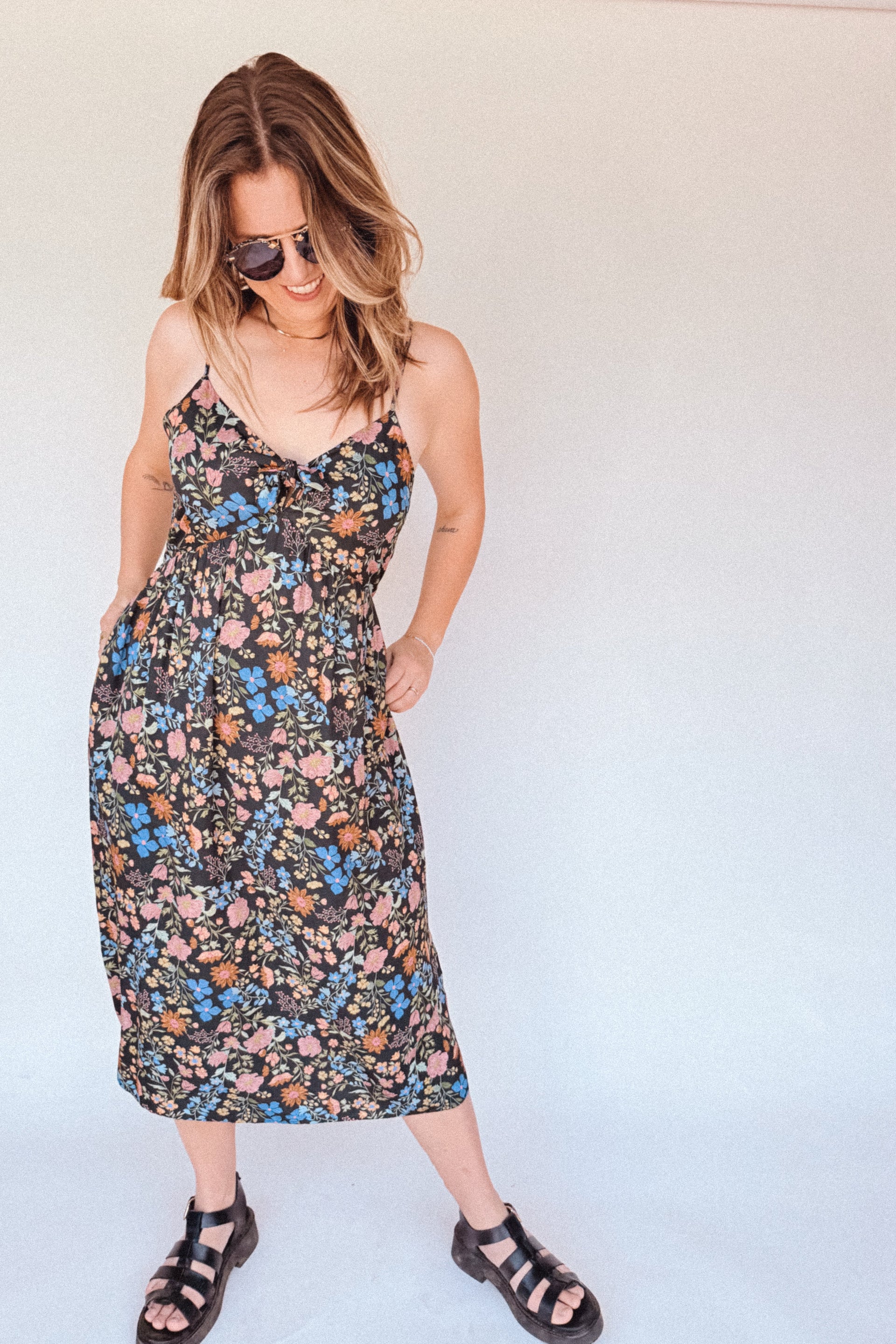 tie waist midi dress in terrazzo BO Tie bust Midi Dress in Multi Garden Floral