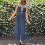 Leah Blue Denim button- up,V-neck Midi Dress with hem ruffle – Sleeveless, Button-Up