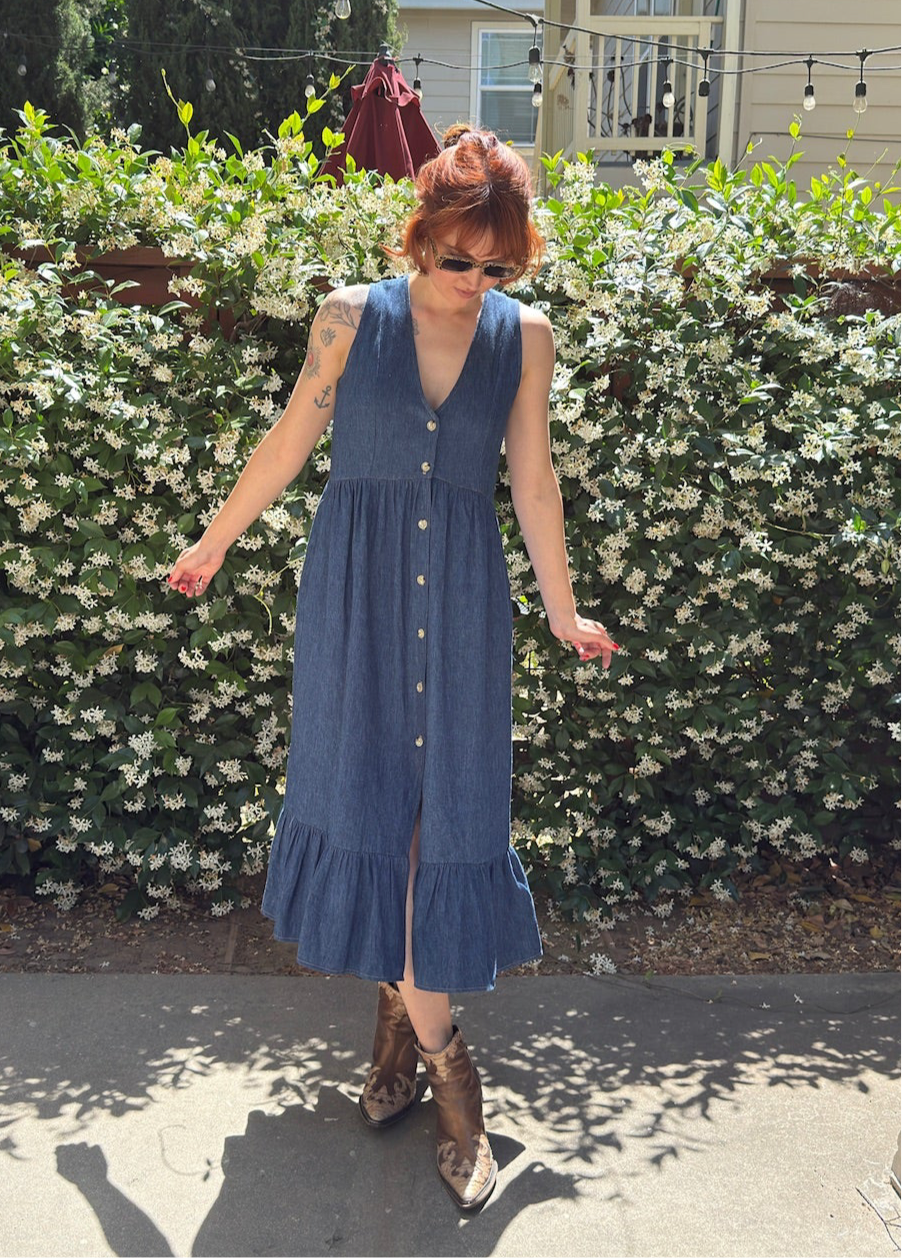 ruffled denim dress The Jean Dress: Strapless Ruffle Denim Dress Large / Navy