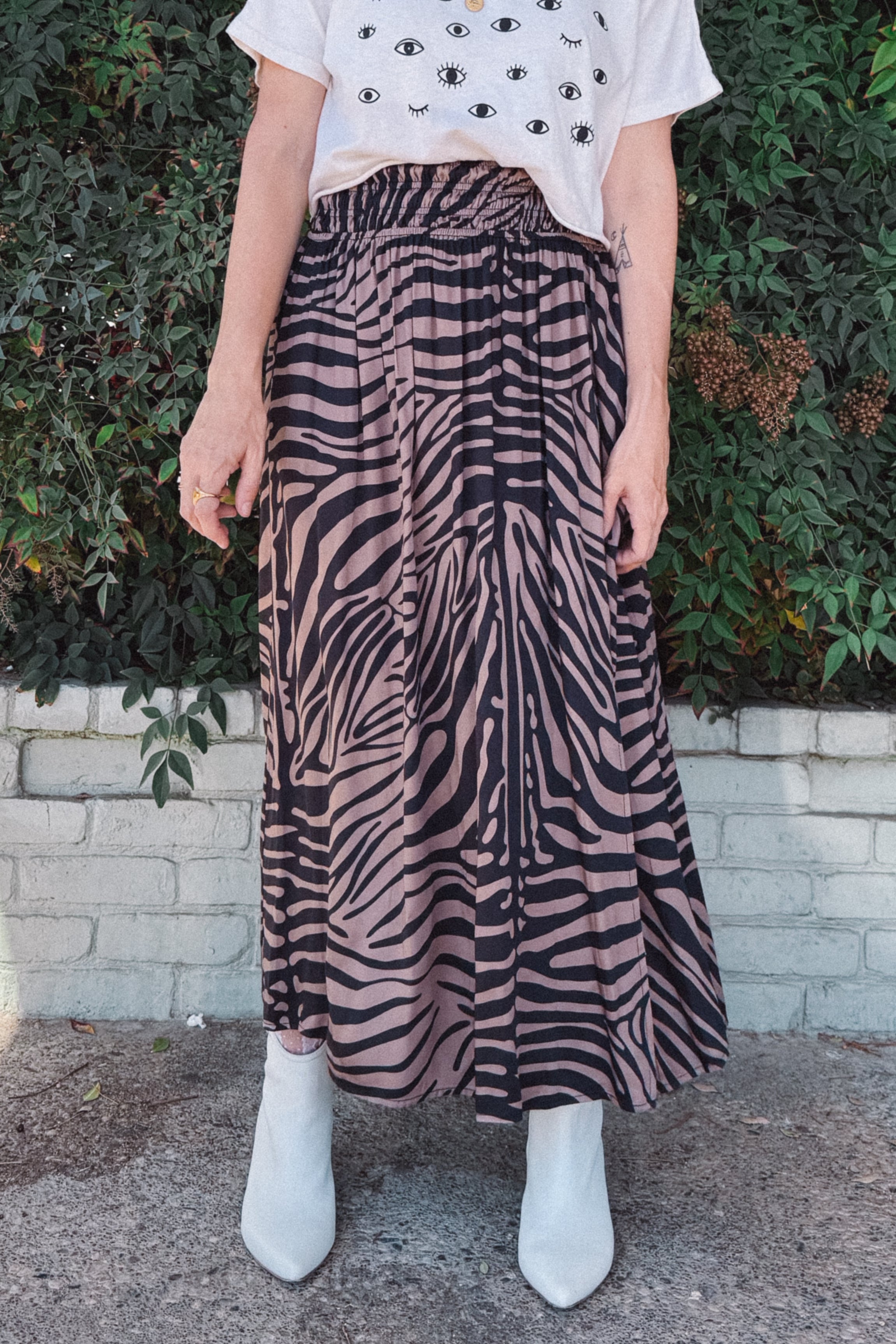 brown and black zebra printed pull on skirt

