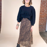 leopard midi skirt with black ruffle crop sweatshirt