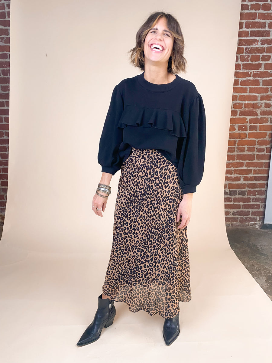 leopard midi skirt with black ruffle crop sweatshirt