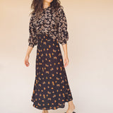 SERENA A-Line High Waisted Midi Skirt in Poppy print