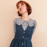 Leah Blue Denim button- up,V-neck Midi Dress with hem ruffle – Sleeveless, Button-Up