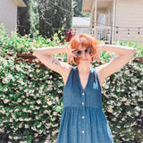 Leah Blue Denim button- up,V-neck Midi Dress with hem ruffle – Sleeveless, Button-Up