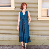 Leah Blue Denim button- up,V-neck Midi Dress with hem ruffle – Sleeveless, Button-Up