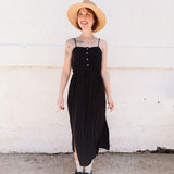 PALOMA-black crepe front spaghetti strap Midi Dress -spaghetti straps, pockets and side slits