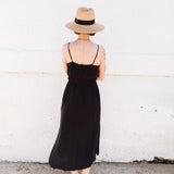 PALOMA-black crepe front spaghetti strap Midi Dress -spaghetti straps, pockets and side slits