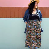 DAWN- floral multi elastic channel midi skirt with slit and pockets