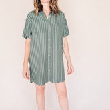 AVERY-Short Sleeve Button-Up Mini Shirt Dress Green stripe– Collared, Back Pleat & Pockets (Wear Two Ways)