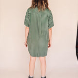 AVERY-Short Sleeve Button-Up Mini Shirt Dress Green stripe– Collared, Back Pleat & Pockets (Wear Two Ways)