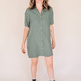 AVERY-Short Sleeve Button-Up Mini Shirt Dress Green stripe– Collared, Back Pleat & Pockets (Wear Two Ways)