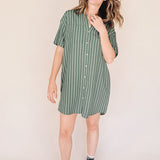 AVERY-Short Sleeve Button-Up Mini Shirt Dress Green stripe– Collared, Back Pleat & Pockets (Wear Two Ways)