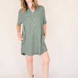 AVERY-Short Sleeve Button-Up Mini Shirt Dress Green stripe– Collared, Back Pleat & Pockets (Wear Two Ways)