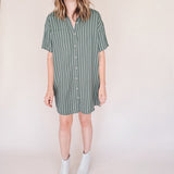 AVERY-Short Sleeve Button-Up Mini Shirt Dress Green stripe– Collared, Back Pleat & Pockets (Wear Two Ways)