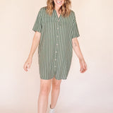 AVERY-Short Sleeve Button-Up Mini Shirt Dress Green stripe– Collared, Back Pleat & Pockets (Wear Two Ways)