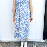 BO Tie bust Midi Dress in Blue Floral - spaghetti straps, pockets and side slits