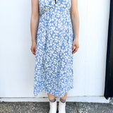 BO Tie bust Midi Dress in Blue Floral - spaghetti straps, pockets and side slits