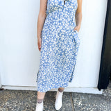 BO Tie bust Midi Dress in Blue Floral - spaghetti straps, pockets and side slits