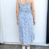 BO Tie bust Midi Dress in Blue Floral - spaghetti straps, pockets and side slits