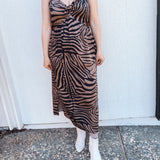 BO Tie bust Midi Dress in black brown zebra stripe - spaghetti straps, pockets and side slits