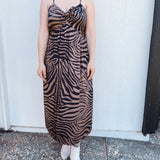 BO Tie bust Midi Dress in black brown zebra stripe - spaghetti straps, pockets and side slits
