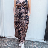 BO Tie bust Midi Dress in black brown zebra stripe - spaghetti straps, pockets and side slits