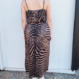 BO Tie bust Midi Dress in black brown zebra stripe - spaghetti straps, pockets and side slits