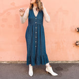 Leah Blue Denim button- up,V-neck Midi Dress with hem ruffle – Sleeveless, Button-Up