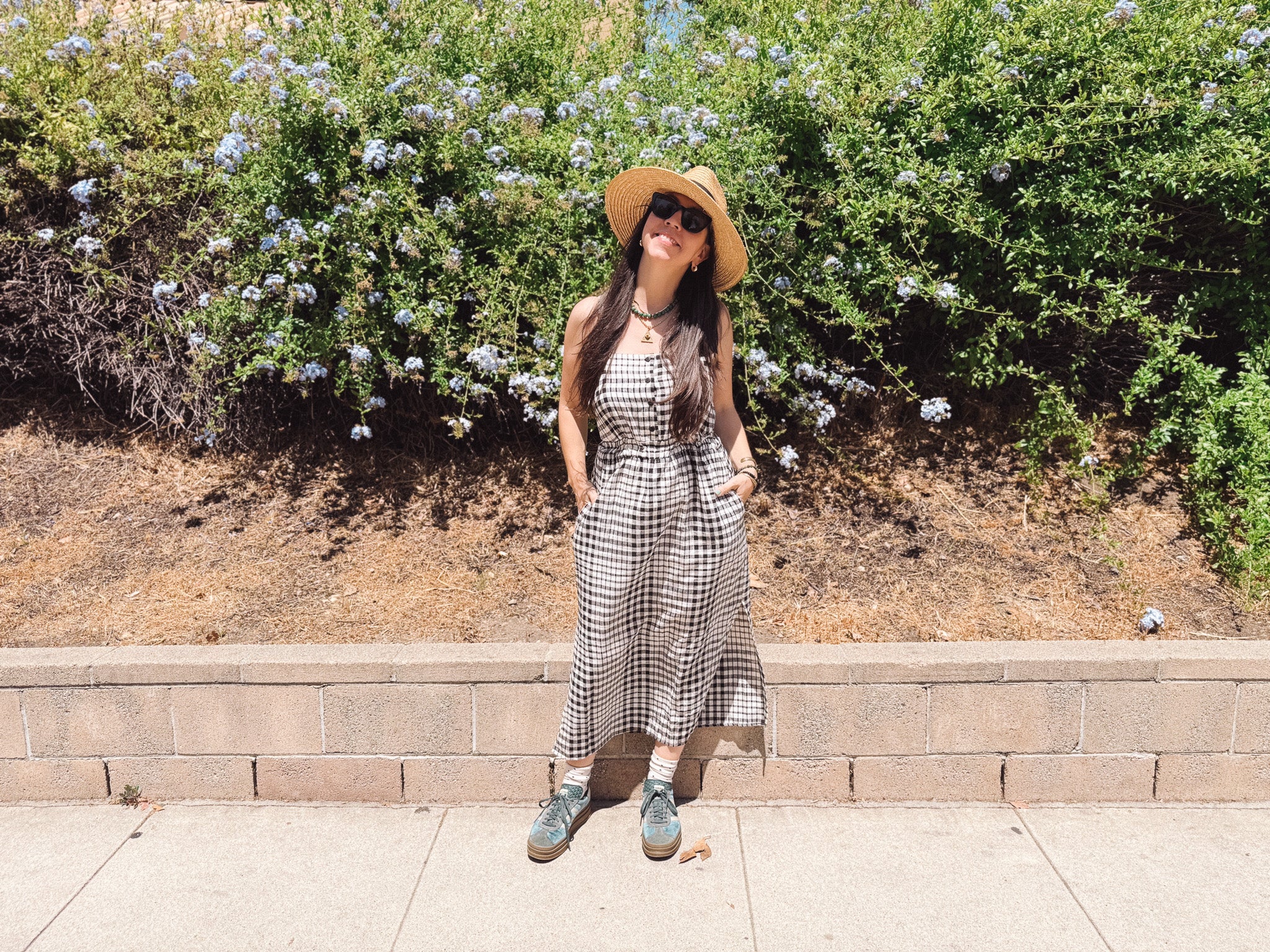 PALOMA- Gingham Plaid Black & Ivory button front spaghetti strap Midi Dress -spaghetti straps, pockets and side slits L PALOMA- Gingham Plaid Black & Ivory button front spaghetti strap Midi Dress -spaghetti straps, pockets and side slits L