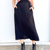 SERENA A-Line High Waisted Midi Skirt in BLACK crepe