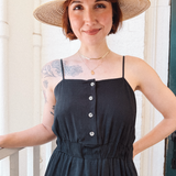 PALOMA-black crepe front spaghetti strap Midi Dress -spaghetti straps, pockets and side slits