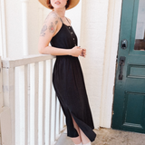PALOMA-black crepe front spaghetti strap Midi Dress -spaghetti straps, pockets and side slits