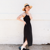 PALOMA-black crepe front spaghetti strap Midi Dress -spaghetti straps, pockets and side slits