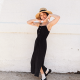 PALOMA-black crepe front spaghetti strap Midi Dress -spaghetti straps, pockets and side slits