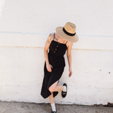 PALOMA-black crepe front spaghetti strap Midi Dress -spaghetti straps, pockets and side slits