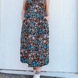 BO Tie bust Midi Dress in Multi Garden Floral - spaghetti straps, pockets and side slits