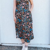 BO Tie bust Midi Dress in Multi Garden Floral - spaghetti straps, pockets and side slits