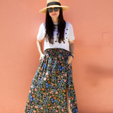 DAWN- floral multi elastic channel midi skirt with slit and pockets